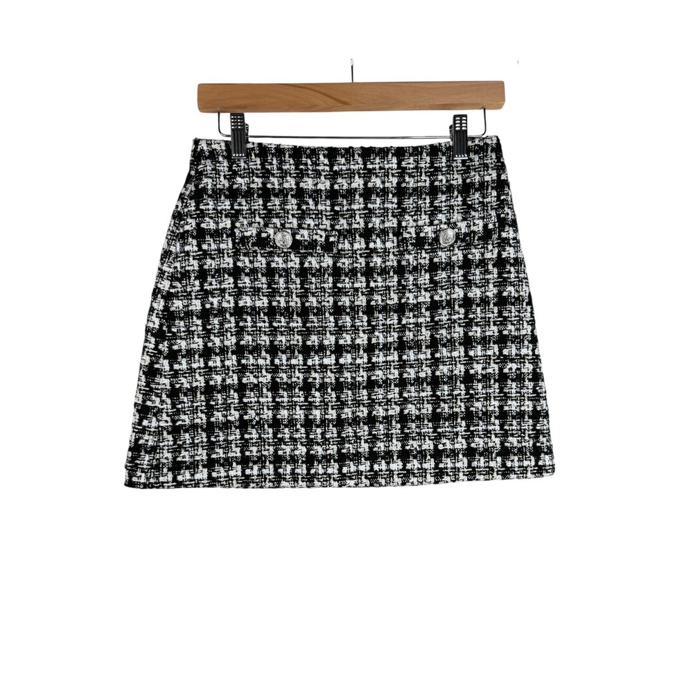 H&M Houndstooth Tweed Accent Button Mini Skirt size 4 Black/White‎